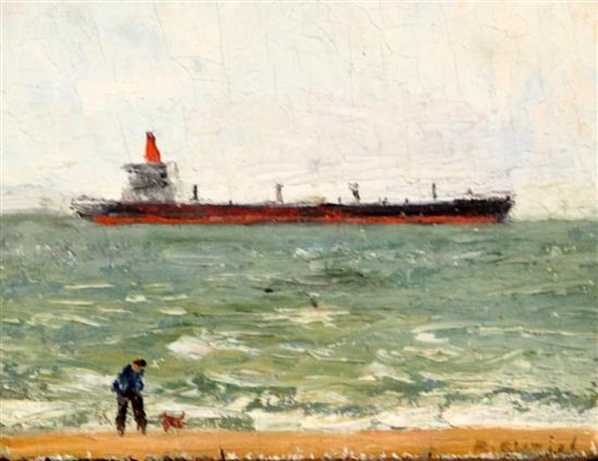 § Richard Eurich R.A. (1903-1992) Freighter at sea with dog walker on the beach, 3 x 4in., unframed